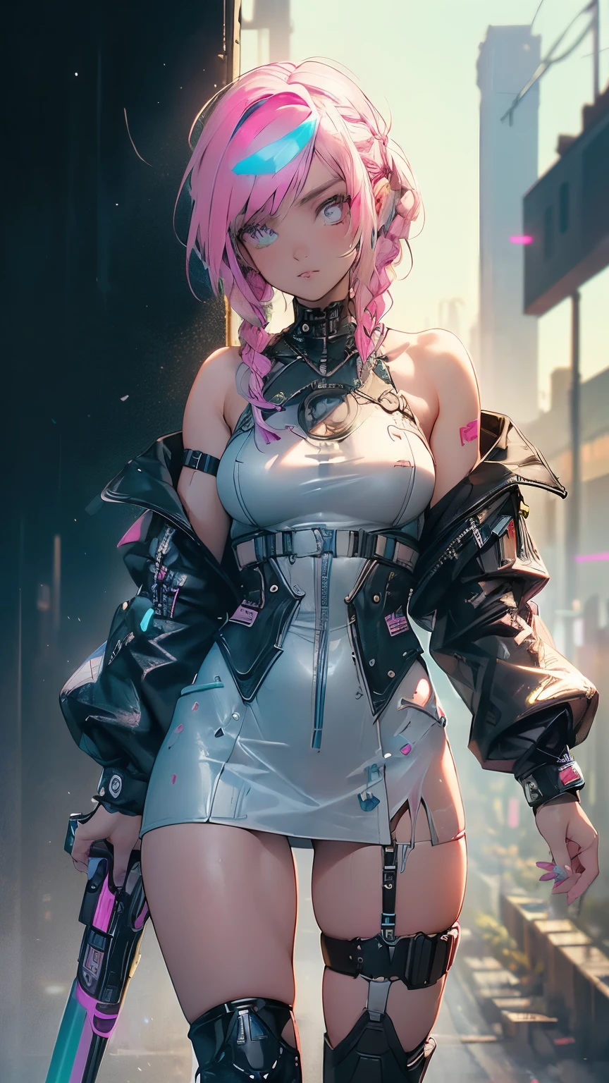 best quality, super fine, 16k, incredibly absurdres, extremely detailed, cute female warrior, excited look, white messy short braided hair, superlative body proportion, wearing pink line with steampunk and dieselpunk neon color light gear wear, cyberpunk night city whose basic colors are green and blue