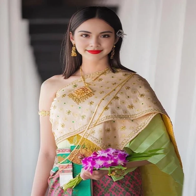 araffe woman in traditional dress holding a bouquet of flowers, Sukhothai set, Dressed in intricate green and gold., traditional beauty, Southeast Asia that has existed for a long time, According to Thawan Duchanee's style, Niwan Chandra, traditional, Wear elegant clothes, wearing traditional garb, Thai anime girl, traditional tai costume, traditional dress