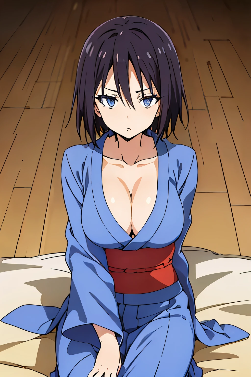 (anime cels style, Masterpiece, best quality, high resolution, anime colored, megami magazine:1.2, anime poster style, sharp, 8k), (beautiful eyes:1.5), sakaguchihinata\(ttigraas\), 1girl, cute, black hair, short hair, large breast, cleavage, (haoli, yukata:1.5), cowboy shot, (sitting, seiza), (perfect detailed anatomy, perfect arms, perfect fingers, beautiful face, perfect body, shiny skin),