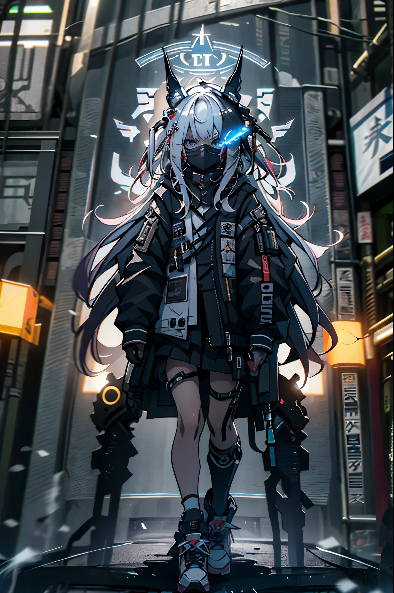 Standing，white hair, Long hair, Straight Hair, Deep blue eyes, Tech jacket,(((Girl with tech mask and tech accessories))), high top sneakers,