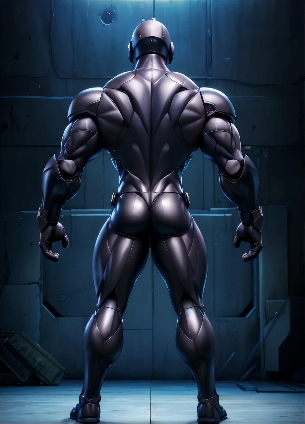 ((Best Quality, 8K, ultra-detailed, Masterpiece: 1.3)), 1boy, full body image, shiny skin, sharp, Perfect Body Beauty, realistic shaded perfect body, muscular male, huge and voluminous shoulders, shapely neck Big Breasts, chiseled abs, huge muscles, bodybuilder body, 300 lbs, (((back))) Broad back, shapely trapezius, toned deltoids, voluminous lats, (closed helmet, plain helmet, helmet with mask, expressionless male mask,:1.1), legs not too far apart, ("bodysuit, big bulge muscles ":1.2), ("leggins, armor":1.1), legs not too far apart, ("glove, armor":1.1 ), ("jet black armor":1.1), (techwear) (dynamic pose:1.1), thigh , battle field , (bulge focus:1.2), 3d, cartoon