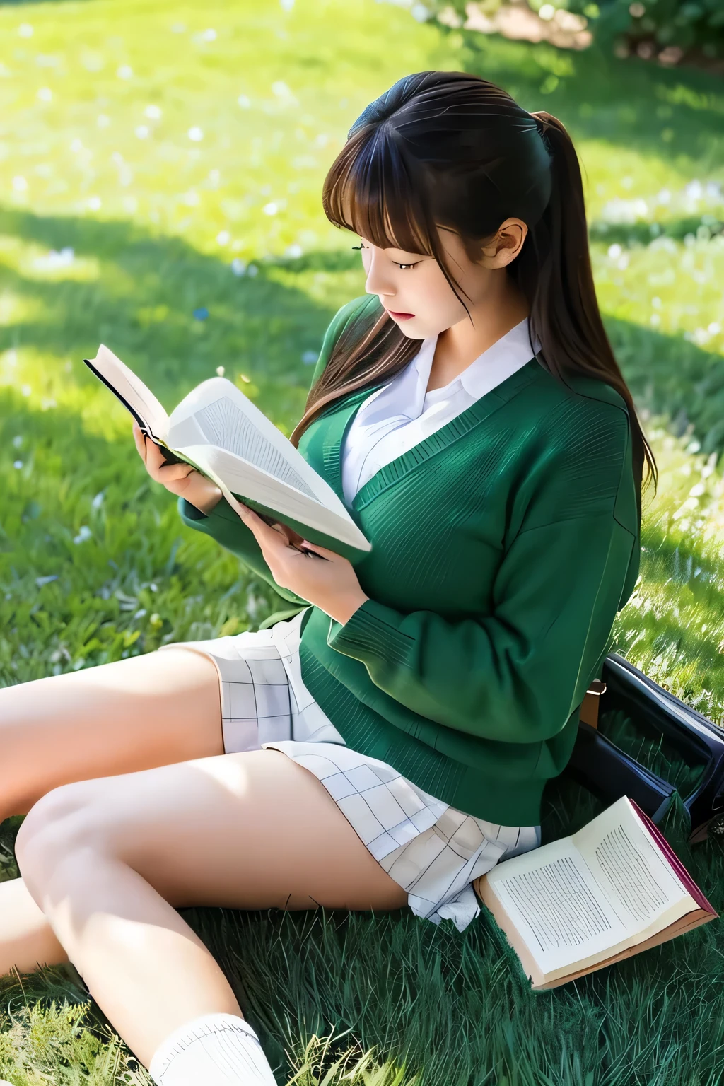 Large Breasts、Thick thighs、Big Ass、Cute reading a book on the grass、Sitting on the ground、Revealing clothing、high school student、
