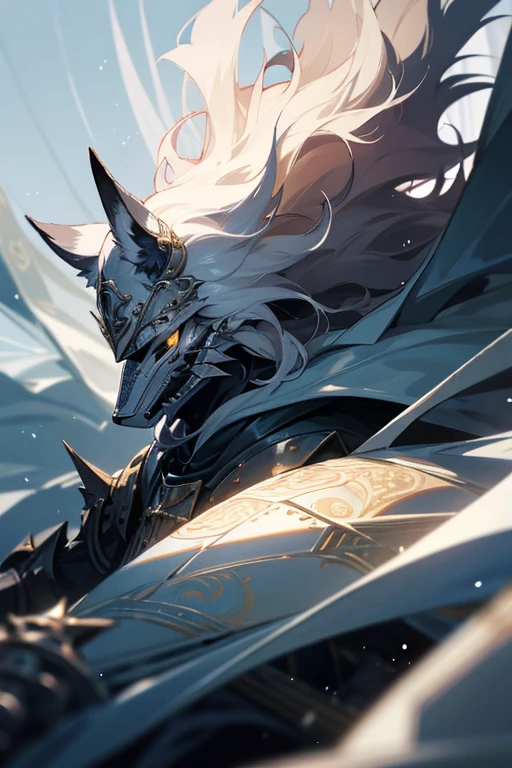 Wolf Knight, fine armor, Intricate Design, Silver, silk, Cinema Lighting, 4K, Floating Hair, sharp
