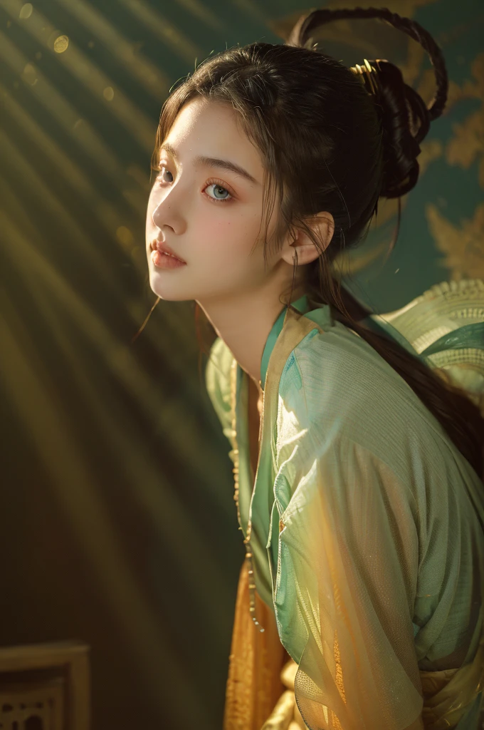 ( masterpiece, top quality, best quality,8k,17 years old girl,ultra detailed,raw photo:1.5),(photorealistic:1.4),(cinematic lighting), PerfectNwsjMajic, , Surrealism, UHD, ccurate, Super detail, textured skin, High detail, Best quality, dynamic angle, (high nose,White skin),[Beautiful blue eyes],(1girl),(good anatomy:0.5)), dunhuang_style, Dreamy atmosphere,expressive brush strokes, mystical ambiance, Artistic interpretation, a whimsical illustration, Subtle colors and tones, straight face