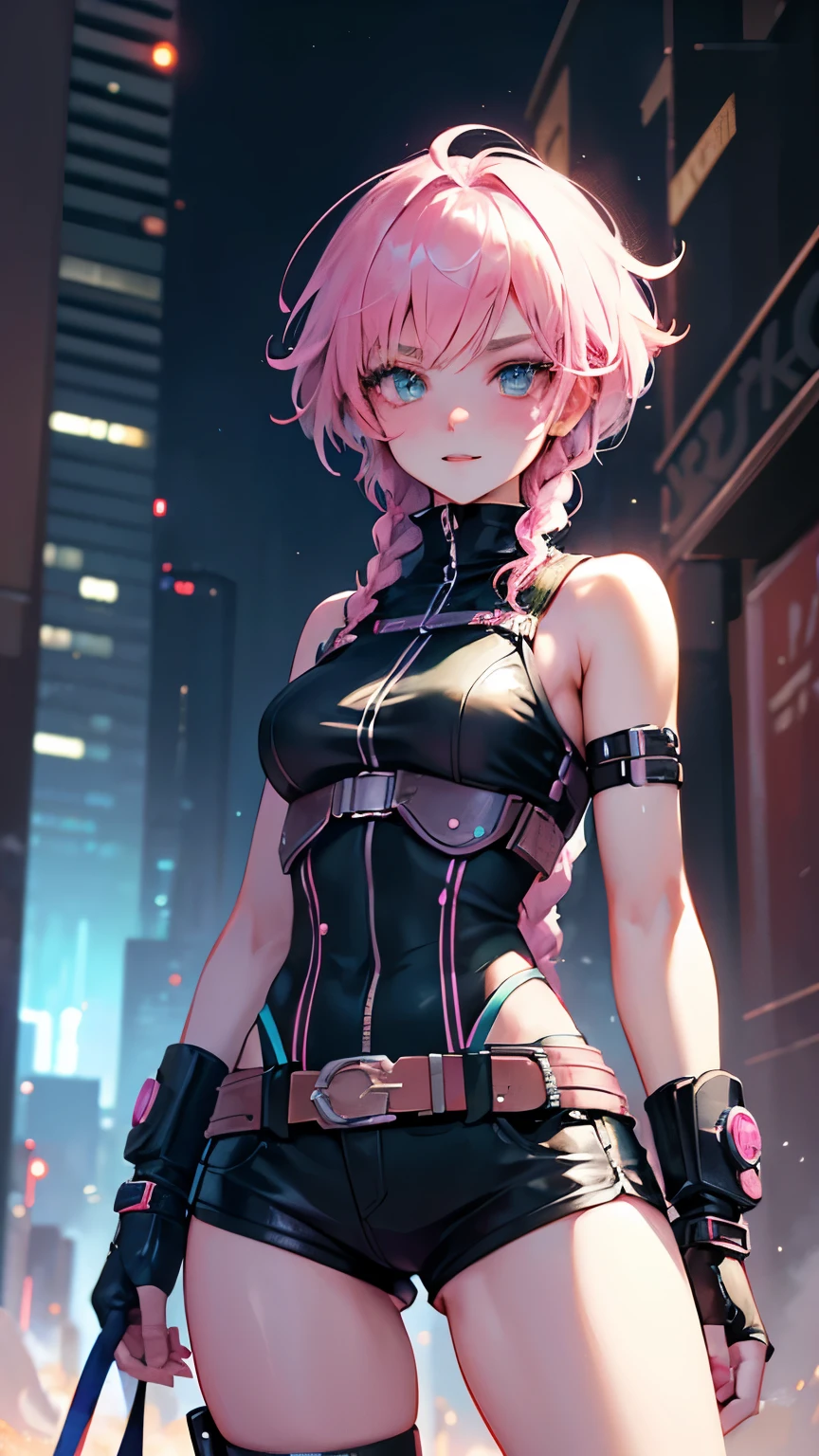 best quality, super fine, 16k, incredibly absurdres, extremely detailed, cute female warrior, excited look, white messy short braided hair, superlative body proportion, wearing pink line with steampunk and dieselpunk neon color light gear wear, cyberpunk night city whose basic colors are green and blue