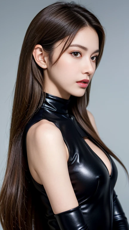 ((Masterpiece)), ((Highest quality)), ((high resolution)), ((Detailed background)), (1 woman), lovely woman, black clothes, long hair, brown hair, black eyes, ((Detailed faces and eyes)), wet lips, shine, Whole body, backlight, Long slit eyes, sufficient breasts, Big Motorcycles, Rider Suit, Fujiko Mine, keep riding, slim body,