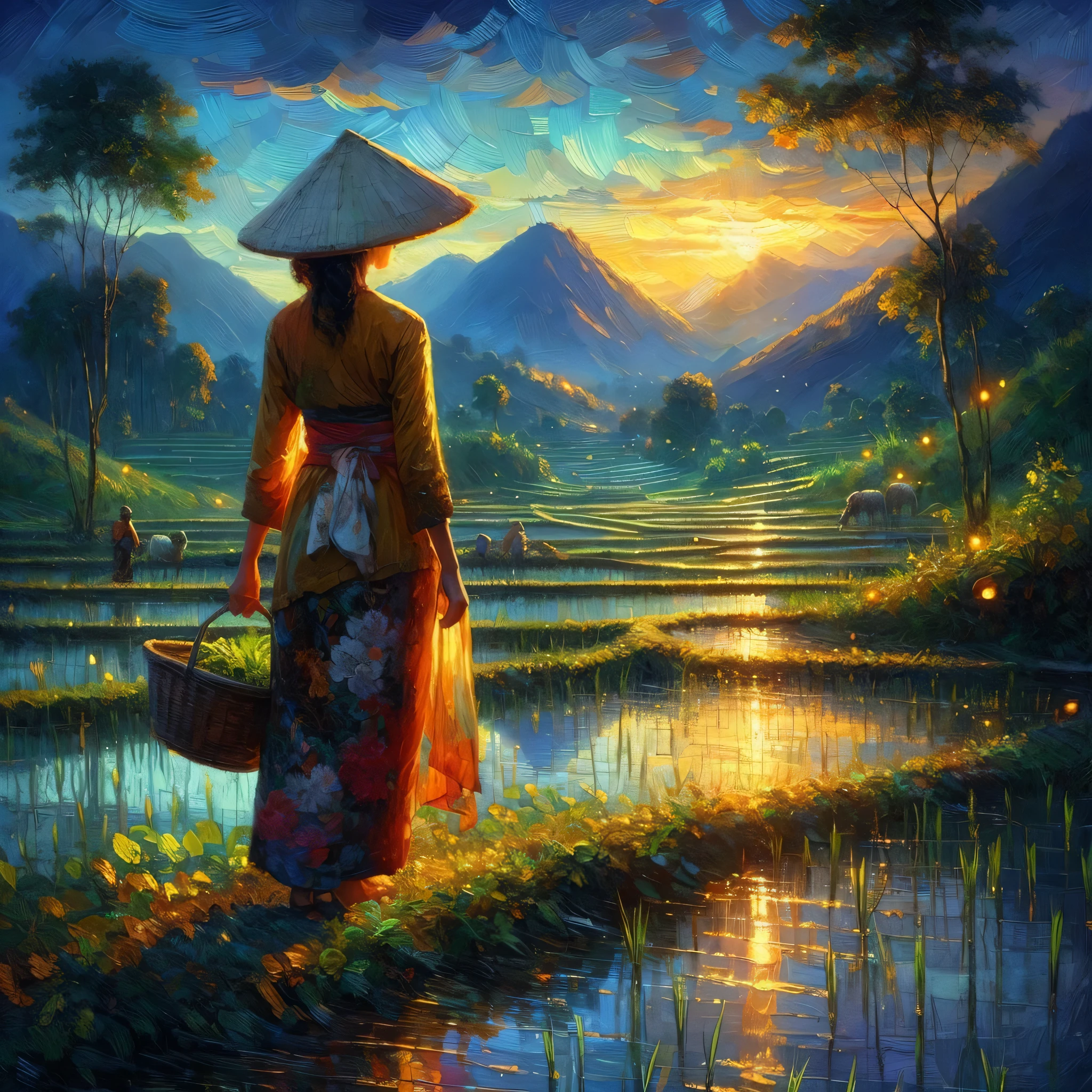 Oil painting STYLE of Painter Pastor Mork Monsted... let there be bright and lively colors, Indonesian countryside, rice fields, nighttime atmosphere, reflections, hills in the distance