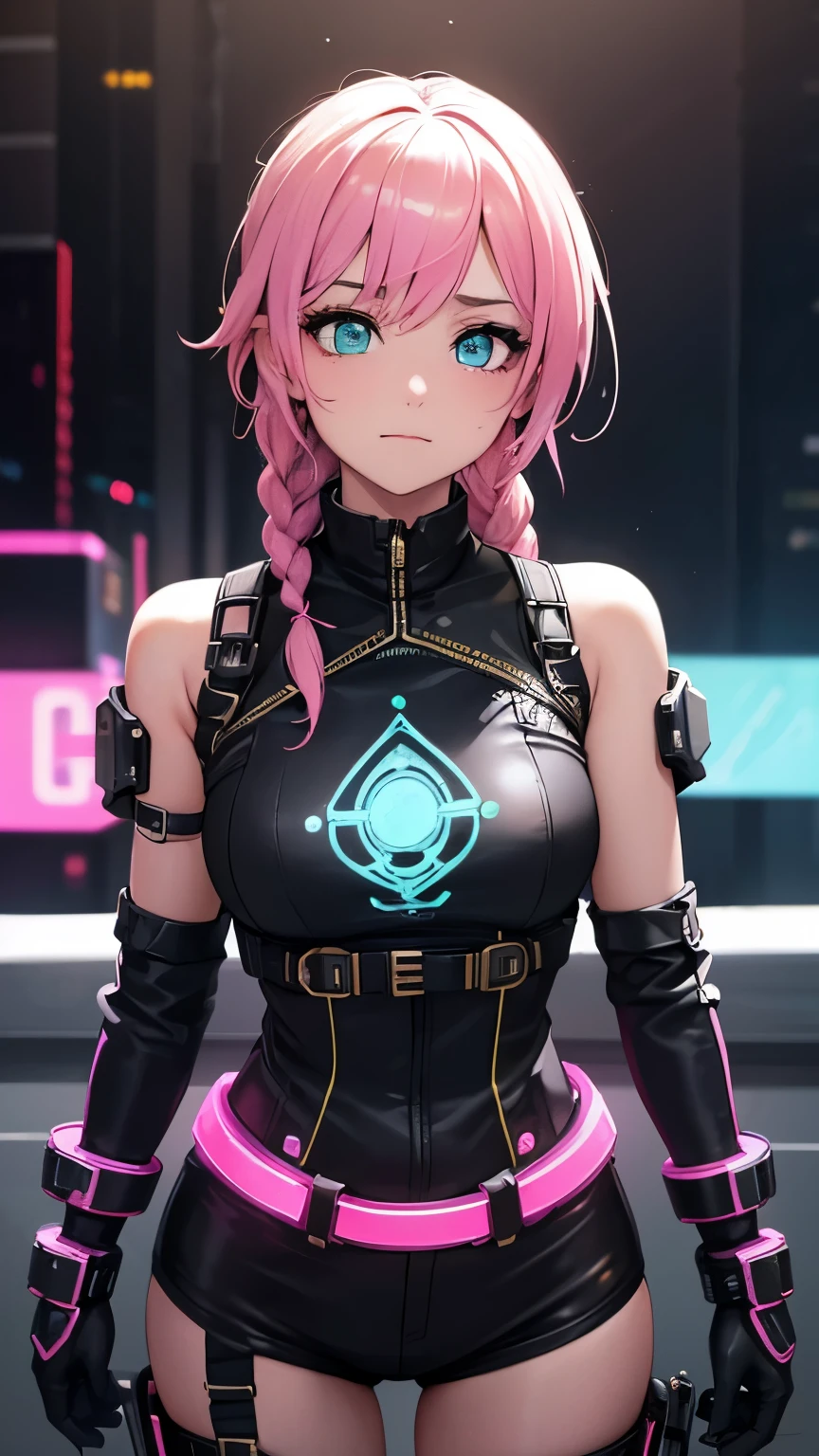 best quality, super fine, 16k, incredibly absurdres, extremely detailed, cute female warrior, excited look, white messy short braided hair, superlative body proportion, wearing pink line with steampunk and dieselpunk neon color light gear wear, cyberpunk night city whose basic colors are green and blue