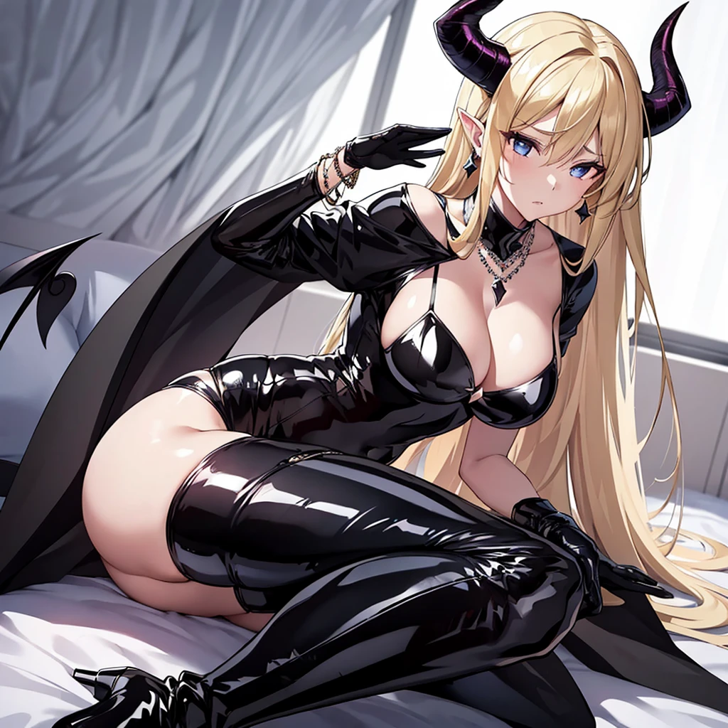 (((Women are1Only people)))((best quality)), ((masterpiece)), (detailed), perfect face、My Wife is a Magical Princess、Blonde、Wearing an all-black latex suit、Wearing shiny black boots、Wearing shiny black gloves、(Devil's horns grow)、(Ears become pointed and long)、Her hair is tied with a big black ribbon、Expressionless、、Right hand salute、left hand is placed on the waist、Earrings、Bracelet、necklace、Engagement Rings、Bedroom、fainting and falling down、The Demon Queen's Crown、