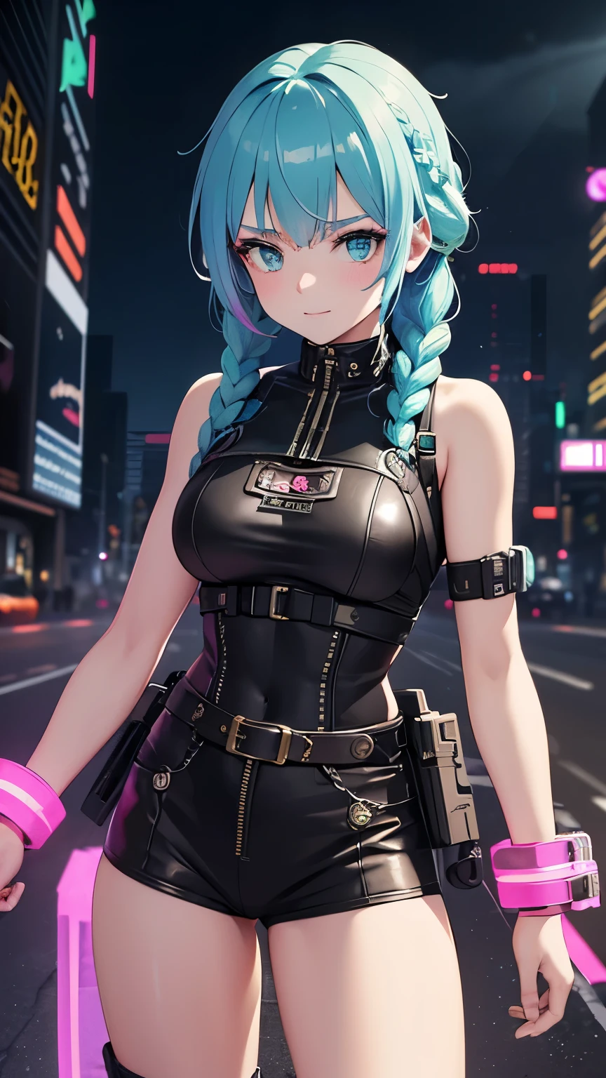 best quality, super fine, 16k, incredibly absurdres, extremely detailed, cute female warrior, excited look, white messy short braided hair, superlative body proportion, wearing pink line with steampunk and dieselpunk neon color light gear wear, cyberpunk night city whose basic colors are green and blue