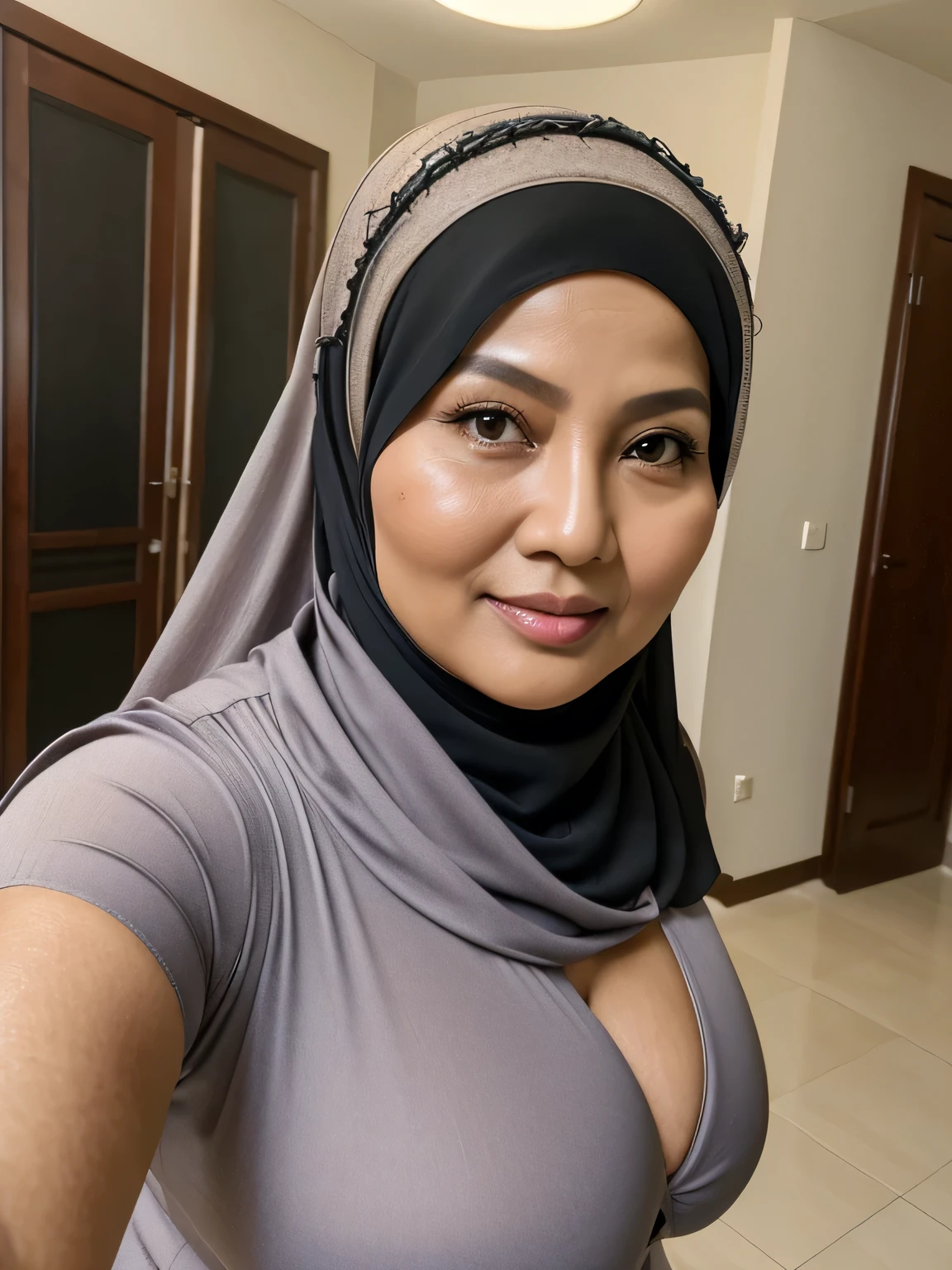 ((selfie photo)) (Realistic) ((Sexy Hijab)) (real mature face) (old beauty) 62 Years old fat Indonesian mature woman, sexy curvy, (sexy chubby body shape), (natural makeup), Big : 34.9, Breast about to burst Out, (exposed cleavage) (old woman in Jakarta) soft smile, facing at camera, half body - professional photography with excellent lighting. Dynamic background