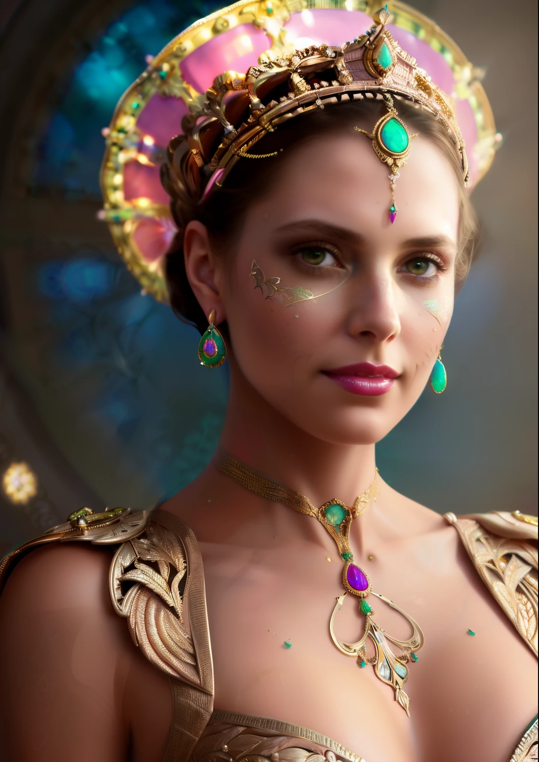 beautiful highly detailed image, beyond realistic image, 32k Resolution, of the most beautiful women in the world, wearing bra only, symmetrical beautiful highly detailed face, beautiful highly detailed hands, highly detailed dress, ultra realistic, beautiful highly detailed green eyes, perfect lips,, (symmetry:1.1) (portrait of floral:1.05) a woman as a beautiful goddess, (assassins creed style:0.8), pink and gold and opal color scheme, beautiful intricate filegrid facepaint, intricate, elegant, highly detailed, digital painting, artstation, concept art, smooth, sharp focus, illustration, art by greg rutkowski and alphonse mucha, 8k