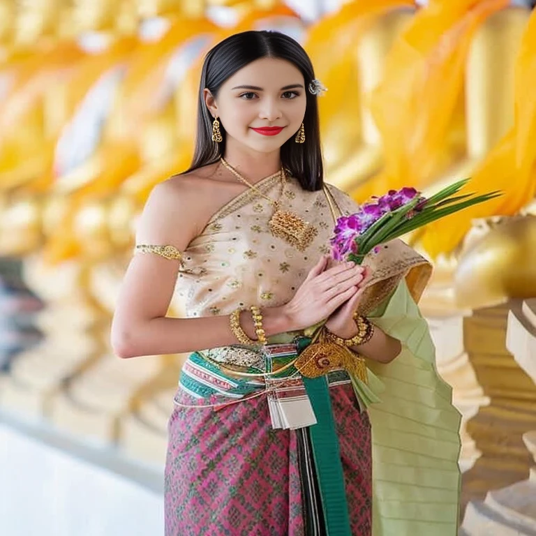 Araaf woman in Thai dress holding a bouquet of flowers, traditional beauty, Sukhothai set, Southeast Asia that has existed for a long time, traditional, Thai anime girl, Wear elegant clothes, Thai art, According to Thawan Duchanee&#39;s style, traditional dress, Wear a luxurious tribal outfit., wearing traditional garb, Wear luxurious clothes, traditional tai costume