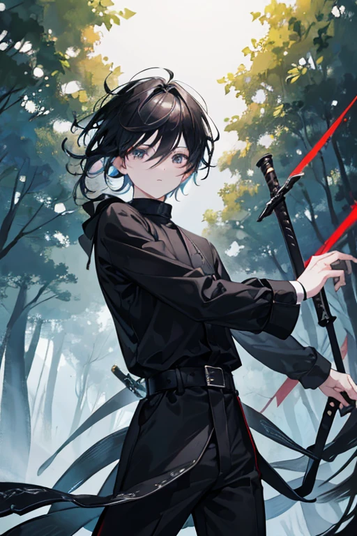 Top Quality, 1boy, (Skin Hollow), (slightly masculine body), (Day), Bright, Background forest with a 1house, Outdoors, (Street:0.6), (Hair:1.5), (Black outfit:1.5), Cool, (Hair Float:1.5), Soft light, Wind, Garden, forest, with a sword