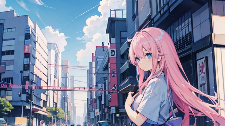 Anime images of Japan1People Girl、 blue eyes、 Pink long hair、 Grey long T-shirt、 Tokyo cityscape、 blue sky、 White cloud、 Size is 16:9 please