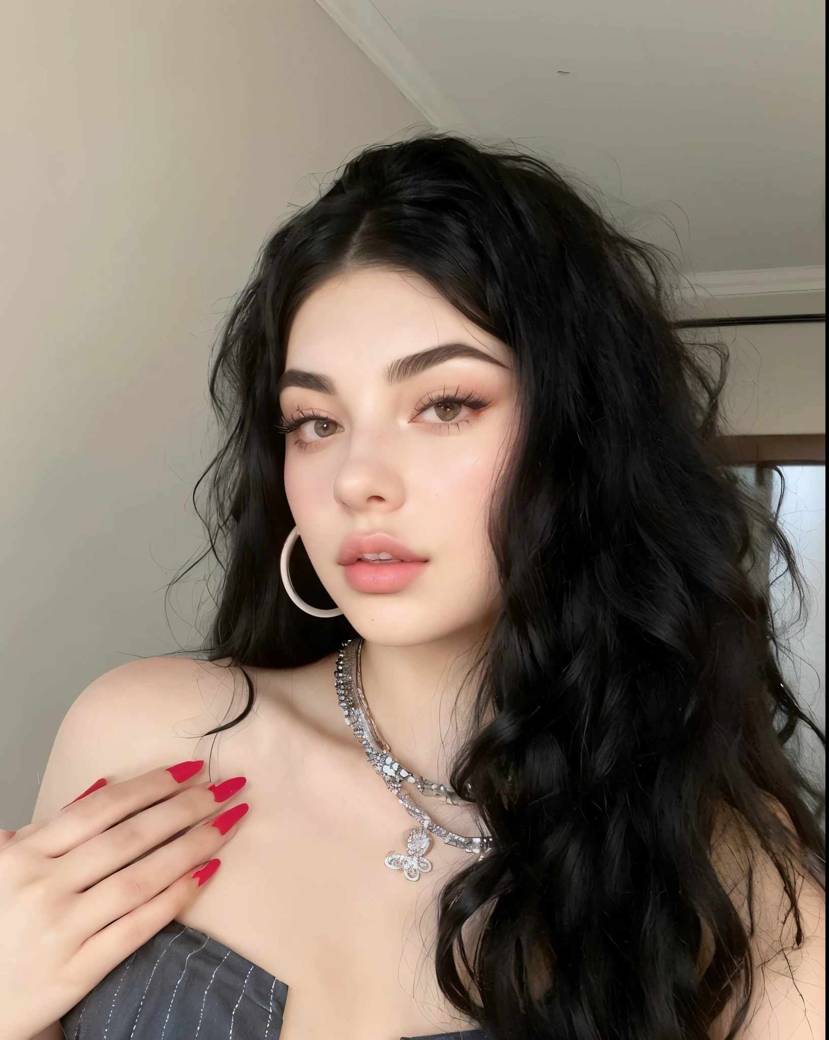 a close up of a woman with long black hair wearing a dress, charli xcx, violet myers, kailee mandel, charli bowater, 18 years old, cynthwave, julia sarda, pale-skinned persian girl, ava max, lorde, angiewolf, bella poarch, wavy black hair, profile image, whitebangsblackhair