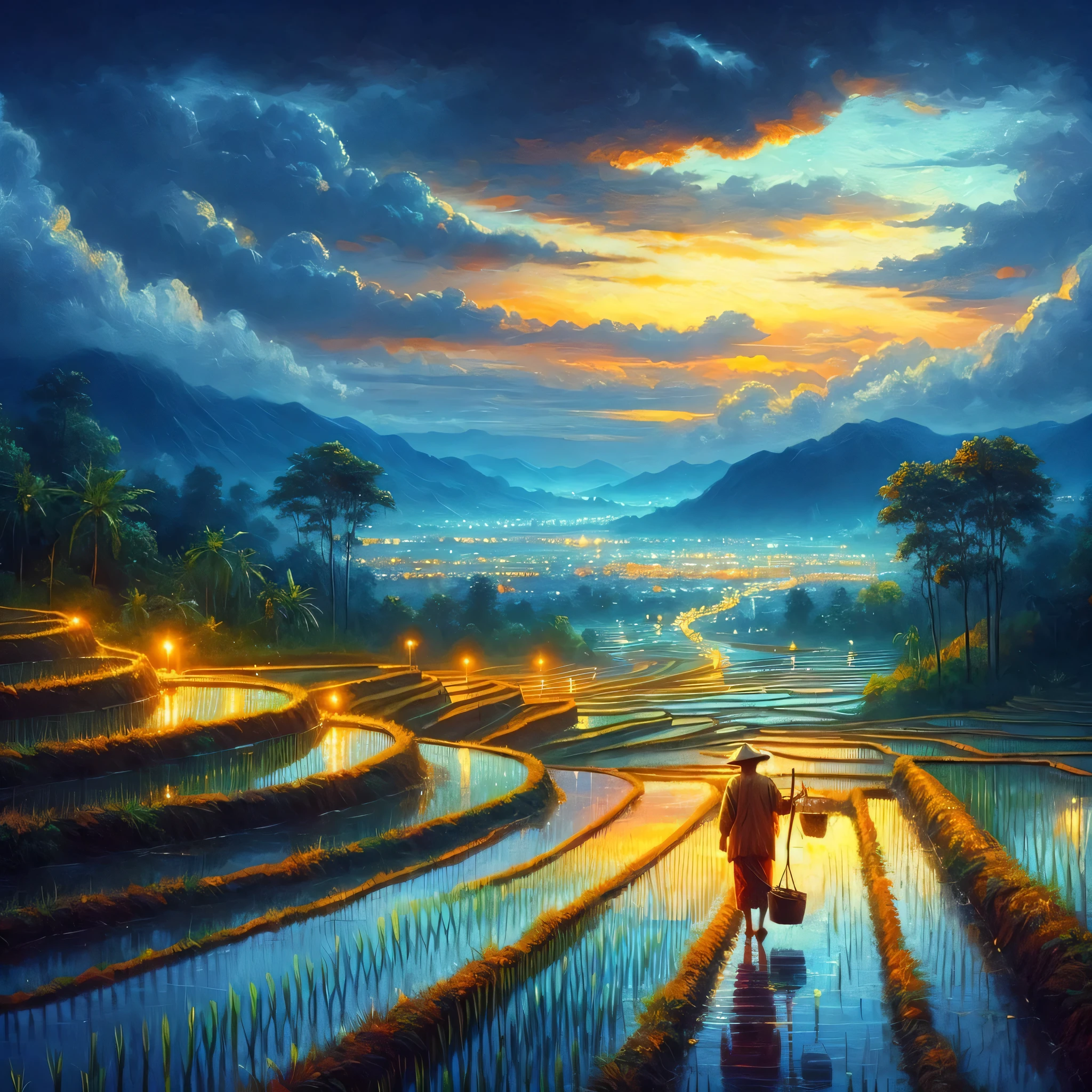 Oil painting STYLE of Painter Pastor Mork Monsted... let there be bright and lively colors, Indonesian countryside, rice fields, nighttime atmosphere, reflections, hills in the distance
