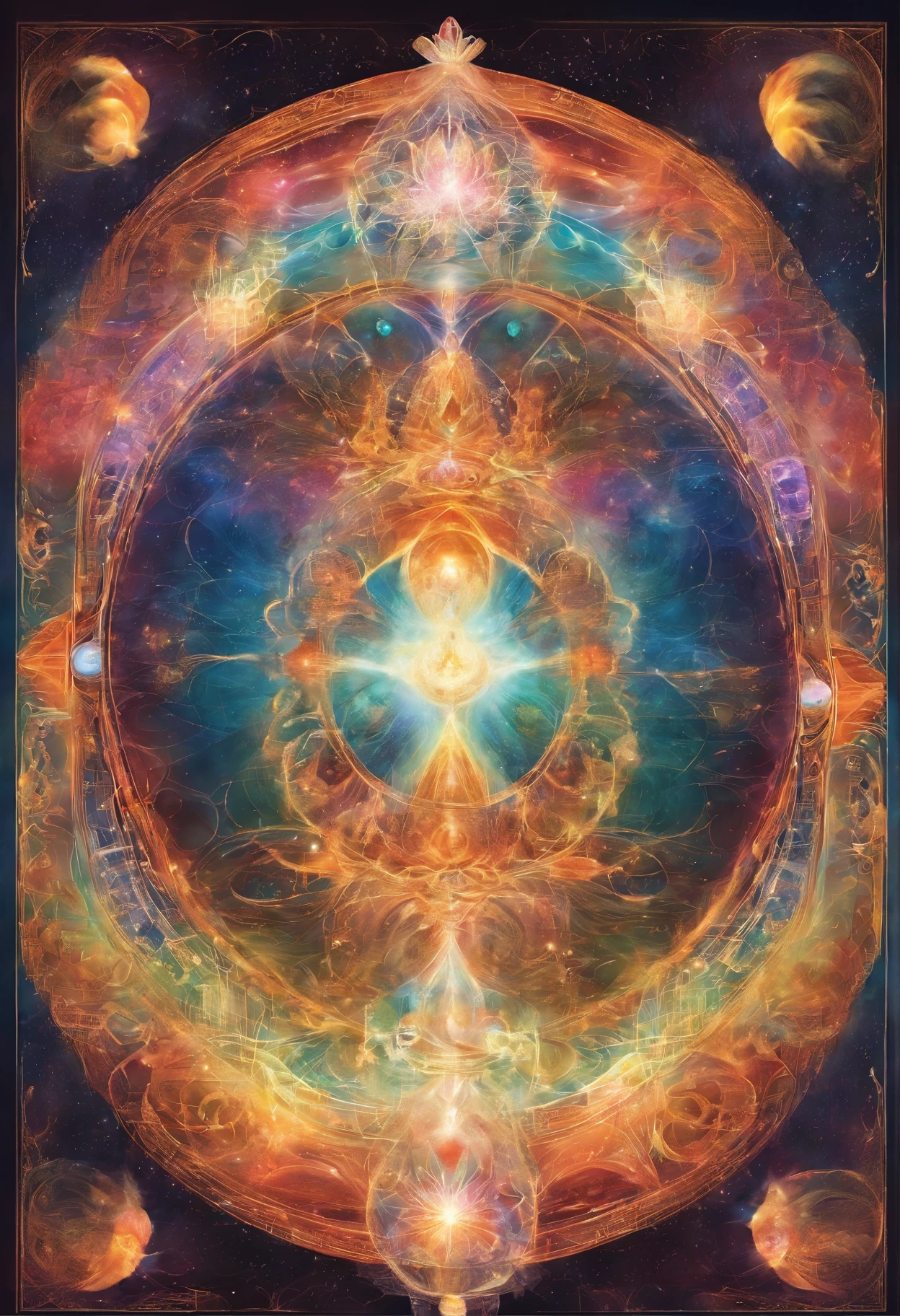 Create an immersive and visually appealing radionic table that represents the evolution of self-awareness and spiritual healing; The image must convey harmony and balance of the universe, and the interconnectedness of the physical and spiritual. Use cores, symbols, and visual elements that evoke a sense of peace, Connection, unity and holistic well-being. Use sacred geometry images and radiesthesic graphics of energy cleansing and protection, crystals for healing and spiritual protection; improve health and total healing.