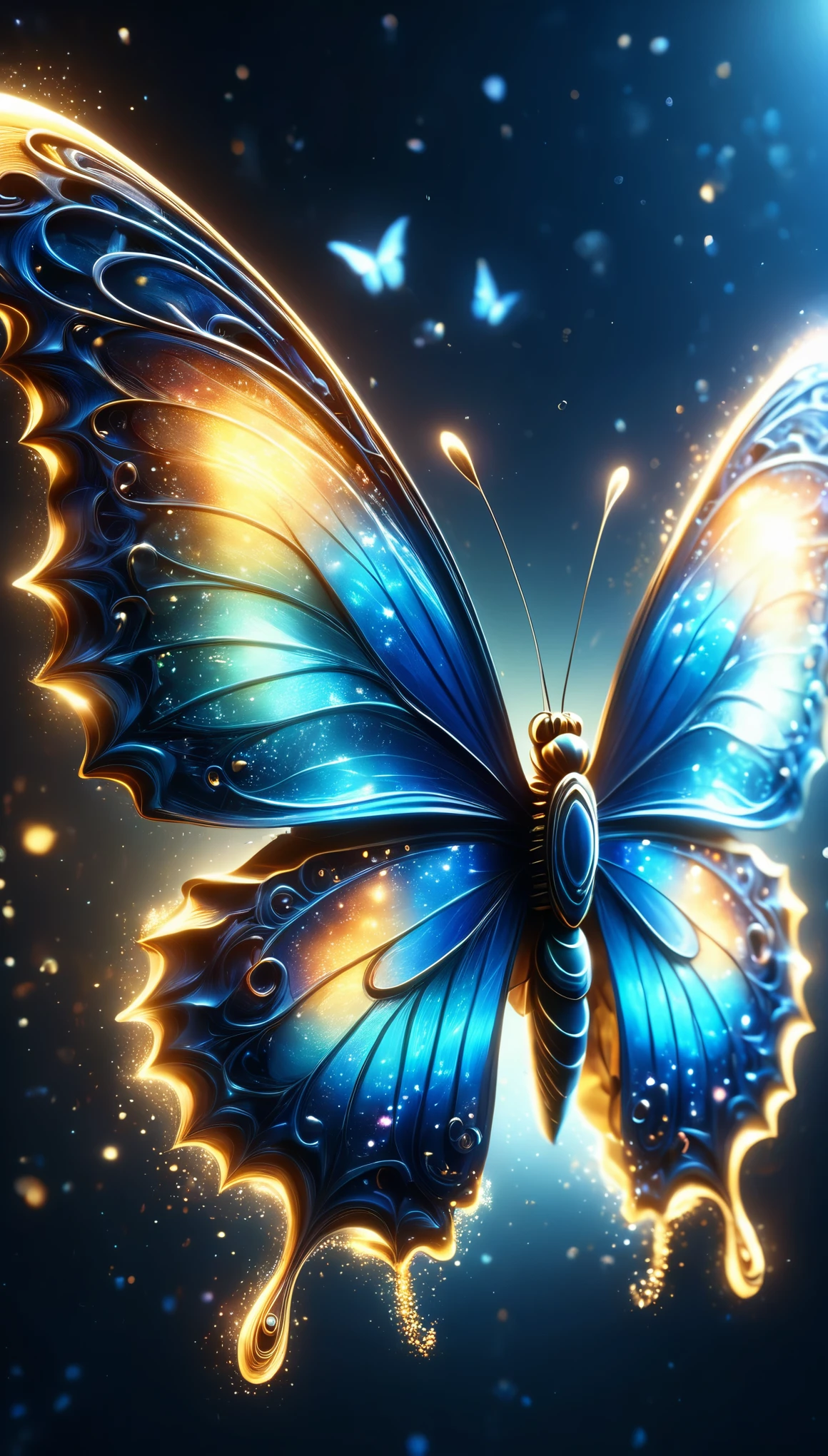 暗闇の中を羽ばたくbutterfly々Shine、As beautiful as a dream、It touches my heart..,butterfly々:blue:Illumination:Shine,Dark Background,flash,とてもflash,masterpiece,最高masterpiece,Best Composition,Beautiful sight,dream-like,優しくShinebutterfly々,gracefully,rendering,Unreal Engine,Zentralg Elements,Intricate details,gracefully描く,With great care,Particles of light:Shine鱗,butterflyの羽ばたきの軌跡がShine,Rich colors,colorful,Anatomically correct,Beautiful light and shadow,Mysterious,Fantasy,Fantasy,Digital Art,butterfly々The torso is drawn abstractly.