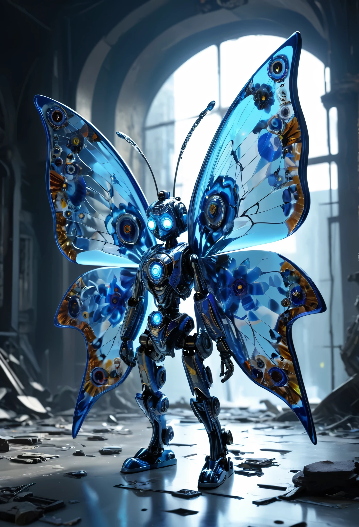 Millefiori glass style,Blue Butterfly Man，Blue butterfly wings，Standing，dynamic姿势，cute，gear，mechanical，Mecha，Cyberpunk，mechanical设计，Blue Gemstone，Futurism，Science Fiction，Flying，dynamic，concept，Lifelike，hyper-realistic，Unreal Engine 5，rays of black light，reflection，shadow，dystopian background，ruins，Dystopian world