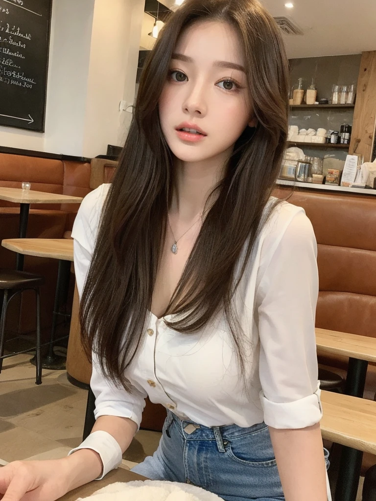 (Genuine, High resolution:1.3), One girl with perfect body, Very beautiful face and eyes,Long Hair, Sitting in a cafe:1.2, Short jeans, Big Breasts,