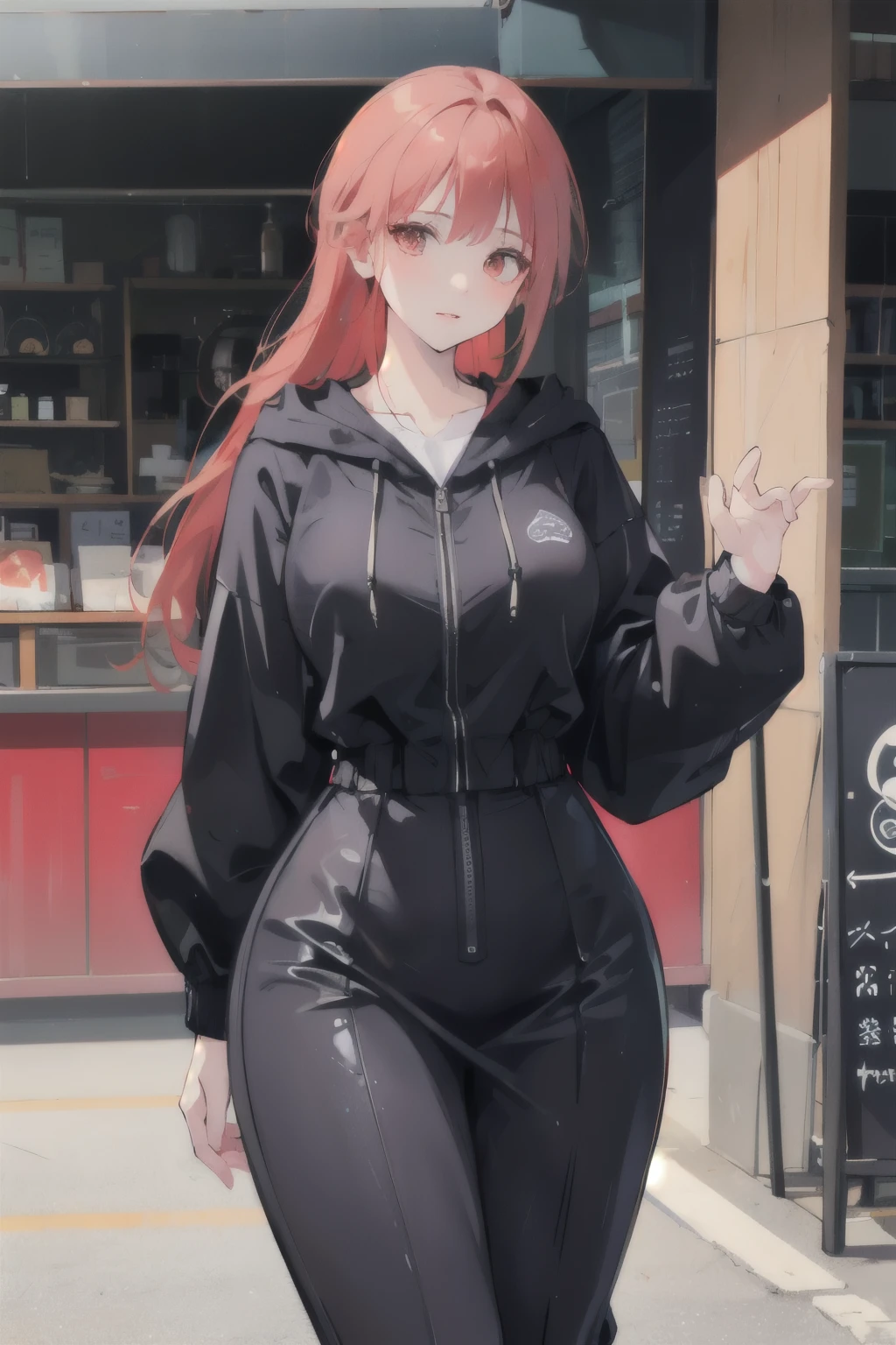 a scared and embarrassed redheaded woman, hair in a ponytail, her bright eyes super detailed, full lips painted red, chiseled physique and wide hips. She wears a closed black leather jumpsuit, whose shiny surface accentuates her shape. A windbreaker with a hood and a neon pink interior covers your shoulders and a pleased skirt. Walking down a busy street, she attracts glances from onlookers. This image exudes realism, capturing the essence of a fragile and embarrassed figure. Digital art, high definition and photorealistic technique