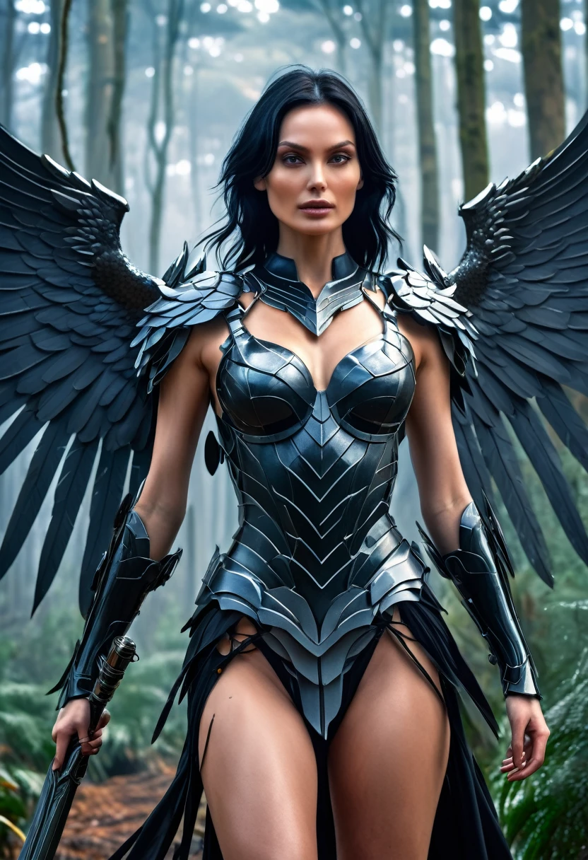 Perfect day on a beach(masterpiece), aesthetic quality(anime style), (ultra detailed), (beautiful), (UHD, HDR), (8k), (highres:1.2), (intricate and beautiful:1.2), (dramatic lighting:1.2), a sci fi Winged Angel warrior, Famke Jansen, woman in a misty forest, black hair, detailed clothes, grainy photo, shallow depth of field