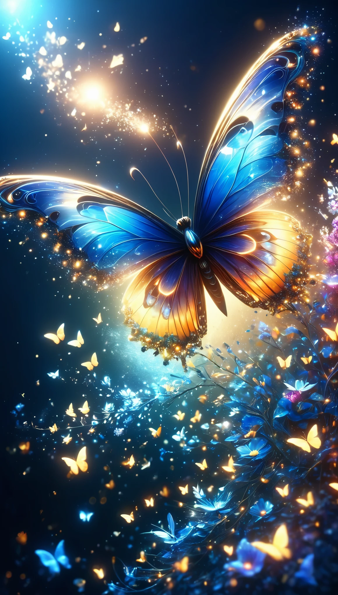 暗闇の中を羽ばたくbutterfly々Shine、As beautiful as a dream、It touches my heart..,butterfly々:blue:Illumination:Shine,Dark Background,flash,とてもflash,masterpiece,最高masterpiece,Best Composition,Beautiful sight,dream-like,優しくShinebutterfly々,gracefully,rendering,Unreal Engine,Zentralg Elements,Intricate details,gracefully描く,With great care,Particles of light:Shine鱗,butterflyの羽ばたきの軌跡がShine,Rich colors,colorful,Anatomically correct,Beautiful light and shadow,Mysterious,Fantasy,Fantasy,Digital Art