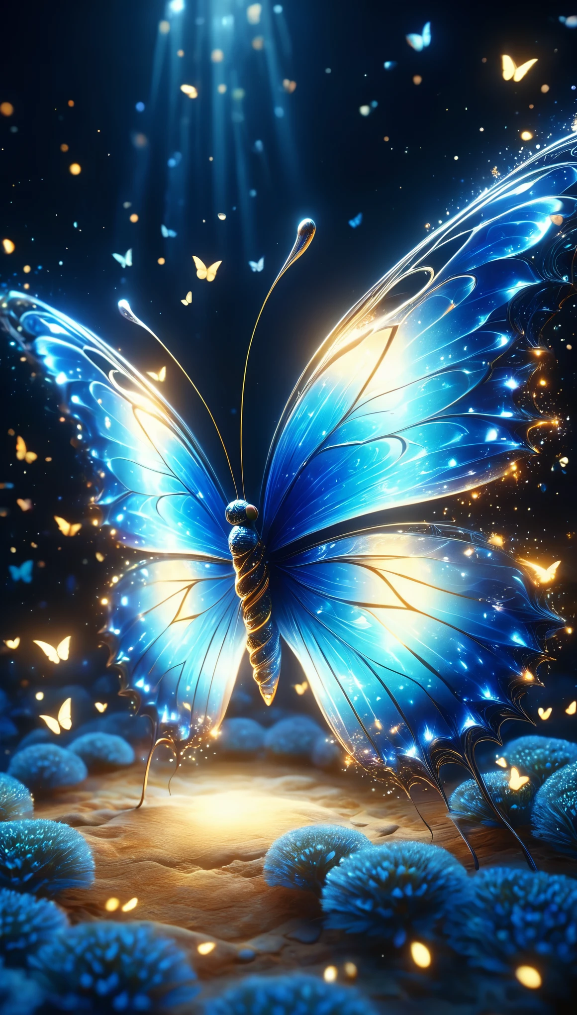 暗闇の中を羽ばたくbutterfly々Shine、As beautiful as a dream、It touches my heart..,butterfly々:blue:Illumination:Shine,Dark Background,flash,とてもflash,masterpiece,最高masterpiece,Best Composition,Beautiful sight,dream-like,優しくShinebutterfly々,gracefully,rendering,Unreal Engine,Zentralg Elements,Intricate details,gracefully描く,With great care,Particles of light:Shine鱗,butterflyの羽ばたきの軌跡がShine,Rich colors,colorful,Anatomically correct,Beautiful light and shadow,Mysterious,Fantasy,Fantasy,Digital Art