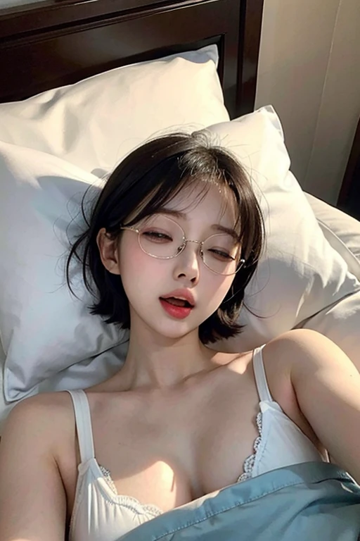 ((a slender girl lying back on a bed, she is 20 years old girl, tiny tits, flat chested, short hair, eyeglasses)), (close eyes, open mouth 1:2), beautiful detailed lips, beautiful detailed eyes,ultra-detailed,highres,professional, soft lighting,(ultra realistic japanese girl),looking at viewer,(ultra realistic detailed hair),(moist and shining eyes), from above.