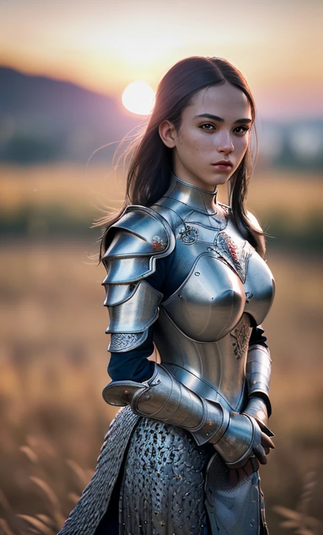 (masterpiece), (extremely intricate:1.3), (realistic), portrait of a girl, the most beautiful in the world, (medieval armor), metal reflections, upper body, outdoors, intense sunlight, far away castle, professional photograph of a stunning woman detailed, sharp focus, dramatic, award winning, cinematic lighting, octane render  unreal engine,  volumetrics dtx, (film grain, blurry background, blurry foreground, bokeh, depth of field, sunset, motion blur:1.3), chainmail