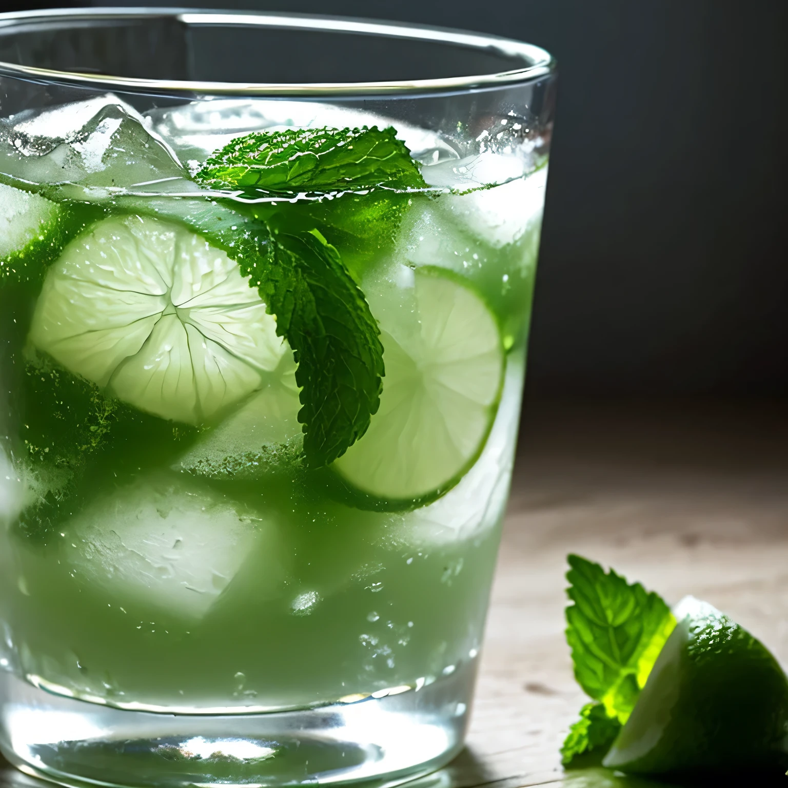 Foggy glass with cold Mojito close-up with lime and mint, with drops flowing down the glass . Gas bubbles are visible in the drink , a ray of light shines through the glass