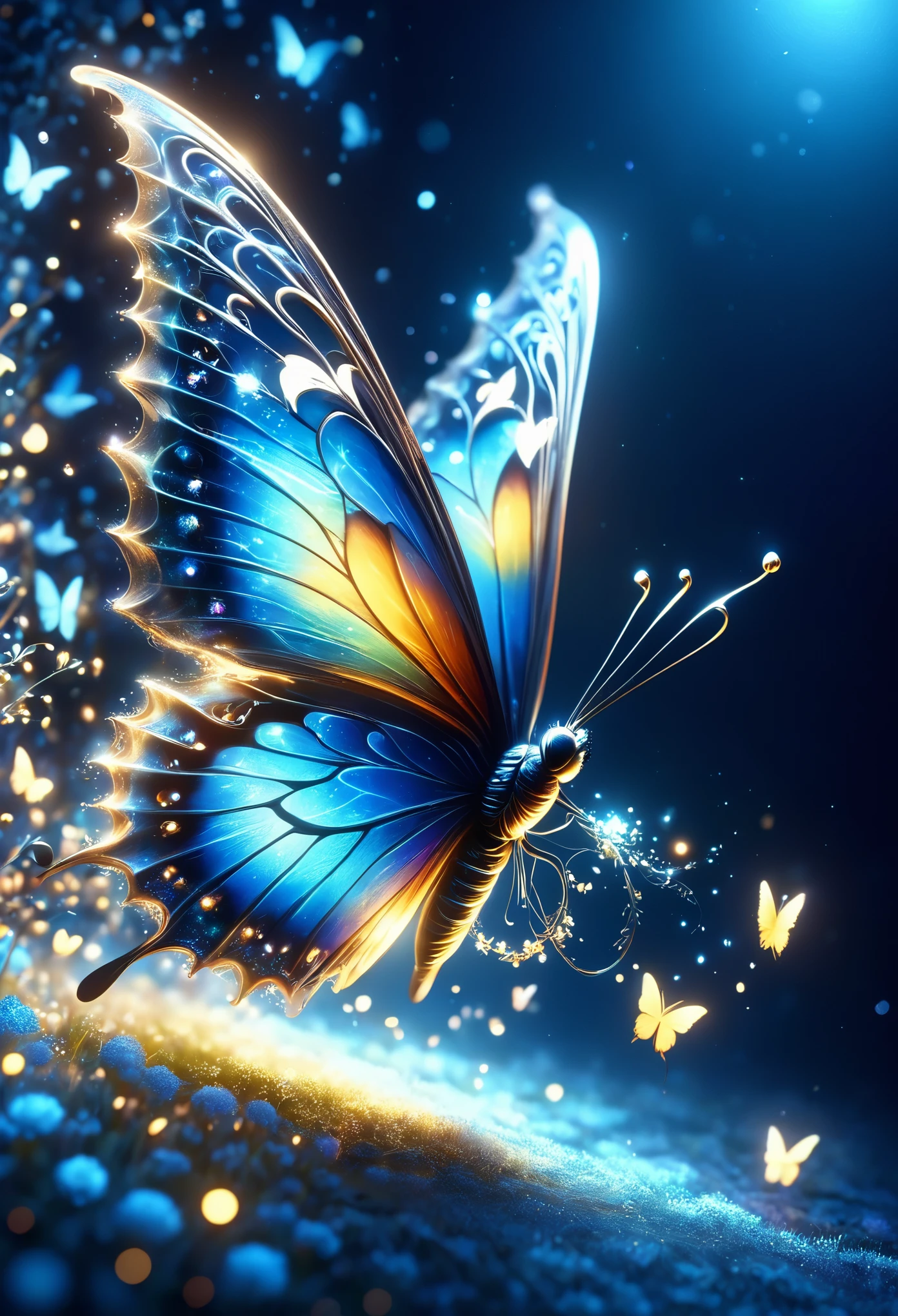 暗闇の中を羽ばたくbutterfly々Shine、As beautiful as a dream、It touches my heart..,butterfly々:blue:Illumination:Shine,Dark Background,flash,とてもflash,masterpiece,最高masterpiece,Best Composition,Beautiful sight,dream-like,優しくShinebutterfly々,gracefully,rendering,Unreal Engine,Zentralg Elements,Intricate details,gracefully描く,With great care,Particles of light:Shine鱗,butterflyの羽ばたきの軌跡がShine,Rich colors,colorful,Anatomically correct,Beautiful light and shadow,Mysterious,Fantasy,Fantasy,Digital Art