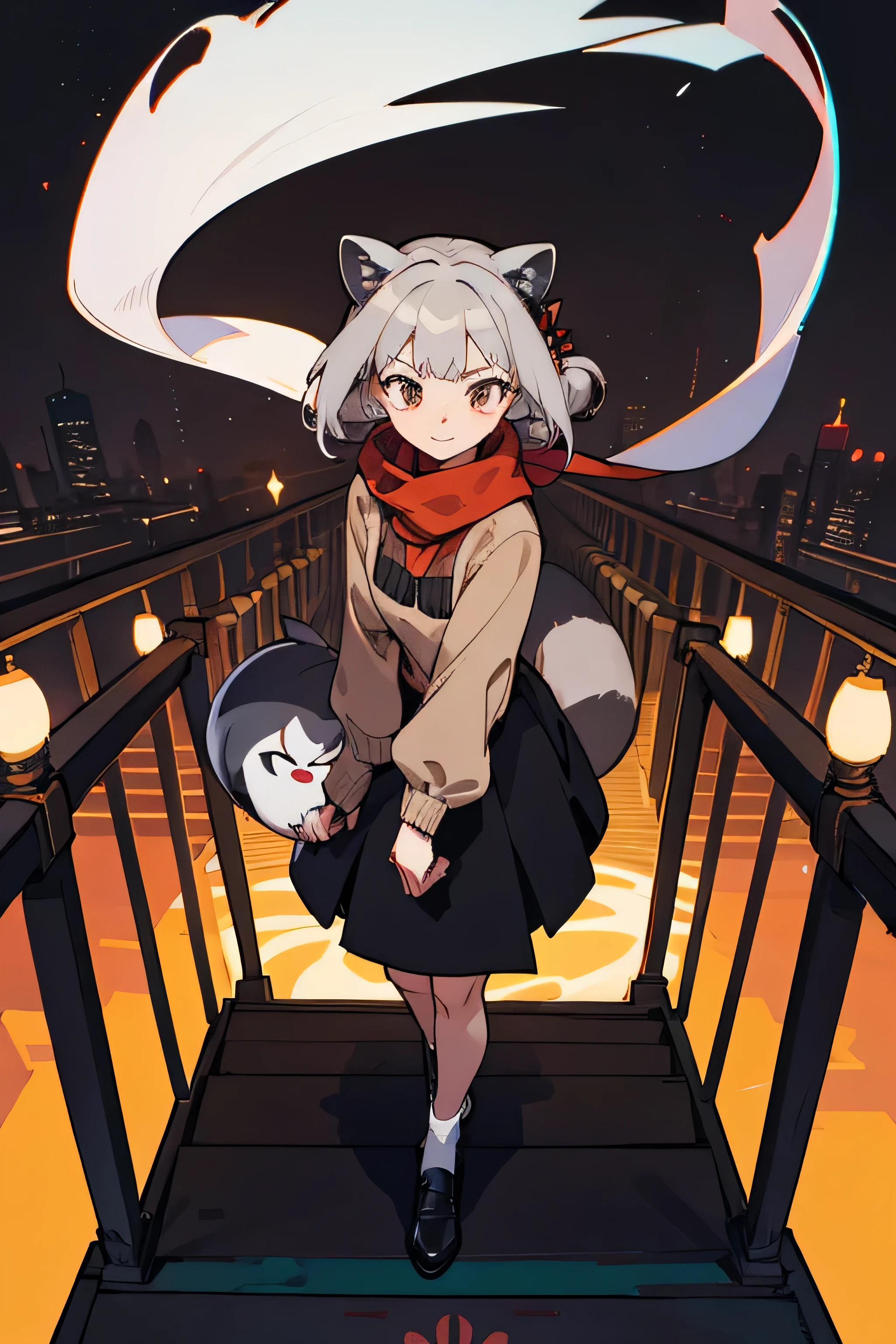 Raccoon Lady,Light grey hair,Raccoon pattern,Red scarf,Dark Brown Low Neck Wide Sweater,Wearing a beige short-sleeved sweater,Black long skirt,Must have raccoon tail,Clear facial features,Jiangnan water town background,Shy expression,People standing on the bridge,eye contact,Smiley Face,Full body composition,Backlit environment,Animal ears,Q Print Style,Bangs,Medium-length hair,side hair bun,personality,White bubble socks,Black leather shoes,Handrail bridge guardrail,Inner eight standing posture,Anime style,Vaporwave style,Tarot card decoration