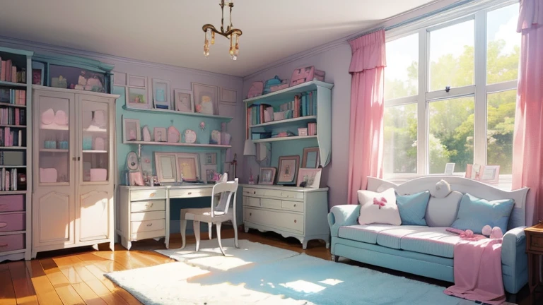 cute bedroom, cool toned pastel colors, day light, rabbit plush, bookshelves, rabbit themes room