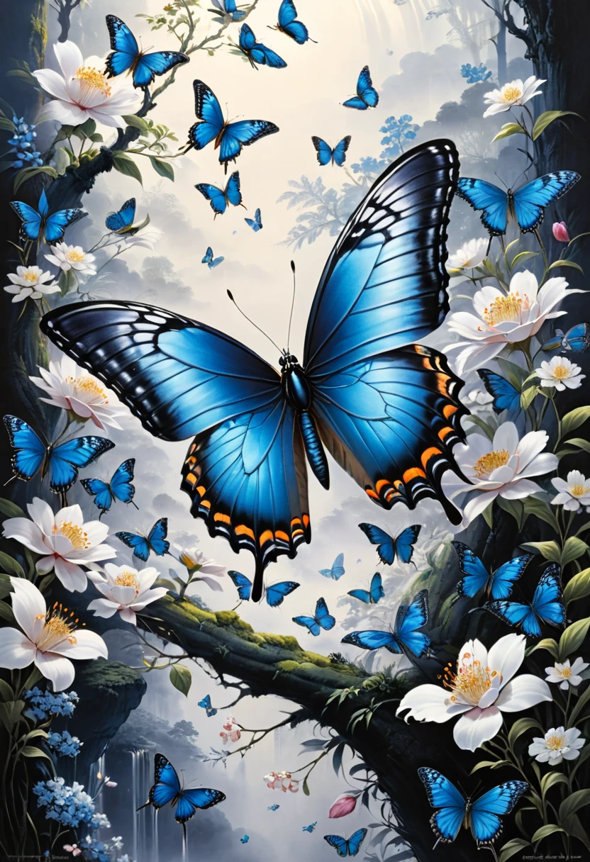 blue butterfly, (masterpiece, best quality, Professional, perfect composition, very aesthetic, absurdres, ultra-detailed, intricate details:1.3), by Yoshitaka Amano