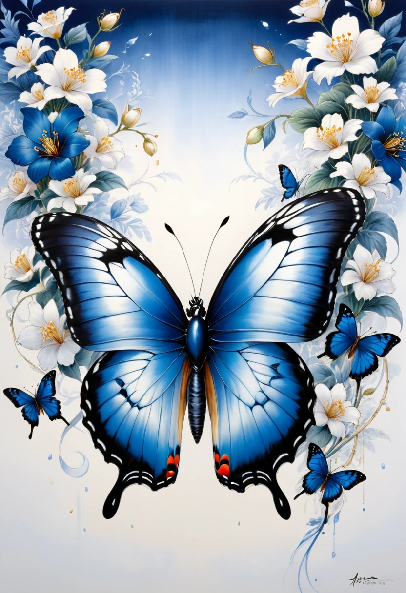 blue butterfly, (masterpiece, best quality, Professional, perfect composition, very aesthetic, absurdres, ultra-detailed, intricate details:1.3), by Yoshitaka Amano