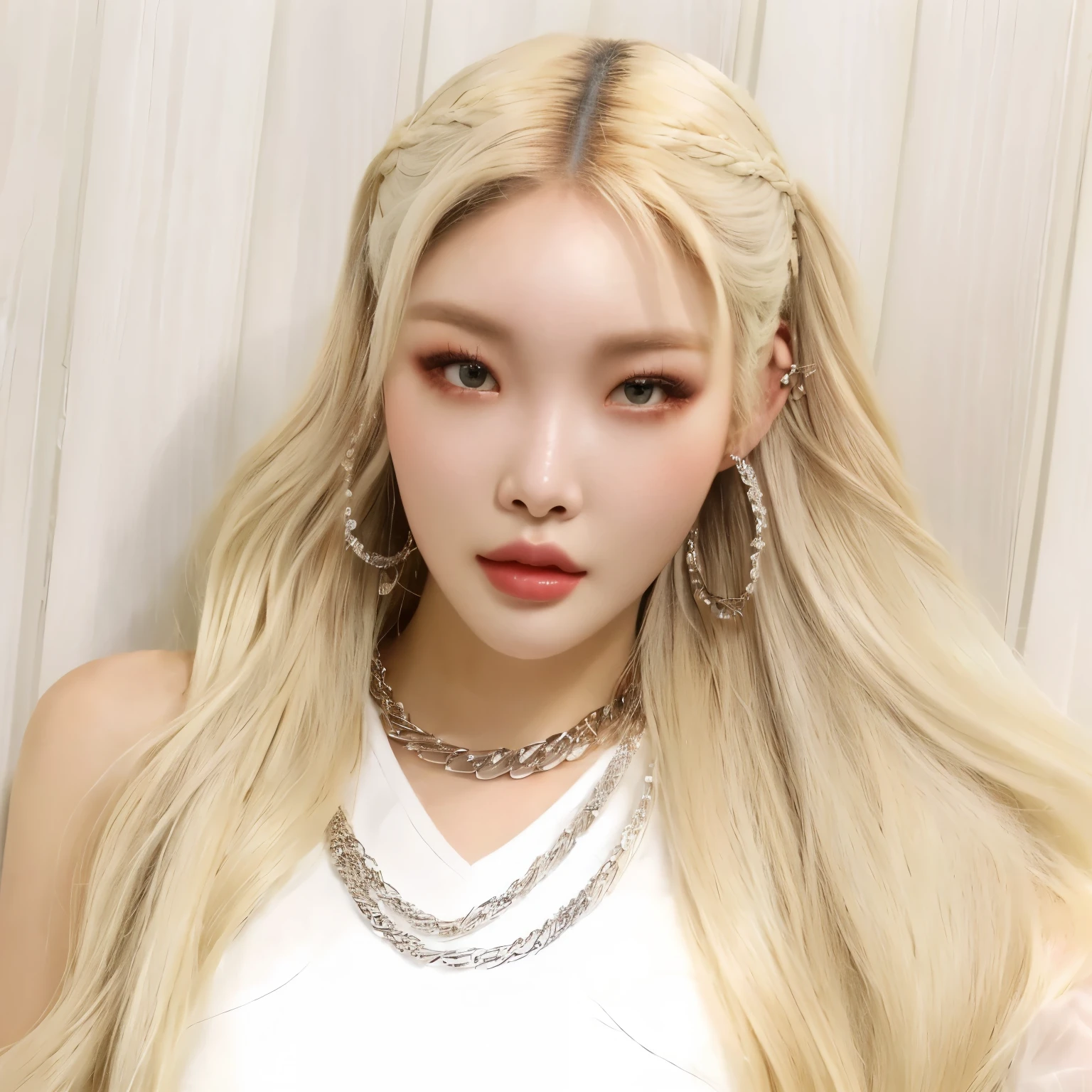 mulher loira arrasada com cabelos longos vestindo uma blusa branca, Retrato Kim Chung ha, female korean idol portrait, kpop idol portrait, inspirado em Kim Chung ha, capturado em canon eos r 6, uma garota com cabelo loiro, Kim Chung Ha, com longos cabelos brancos, her hair is white