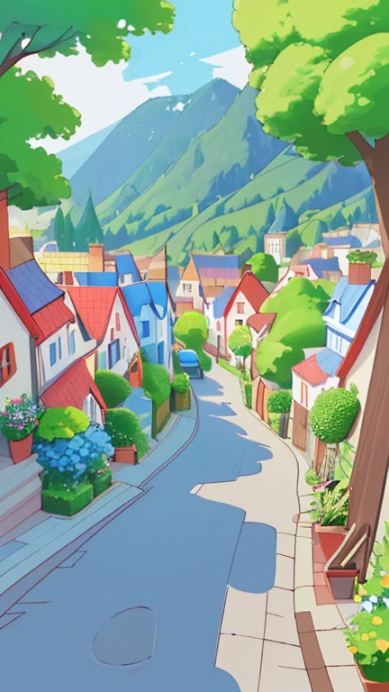 Show a charming, picturesque town with winding streets lined with colorful houses.