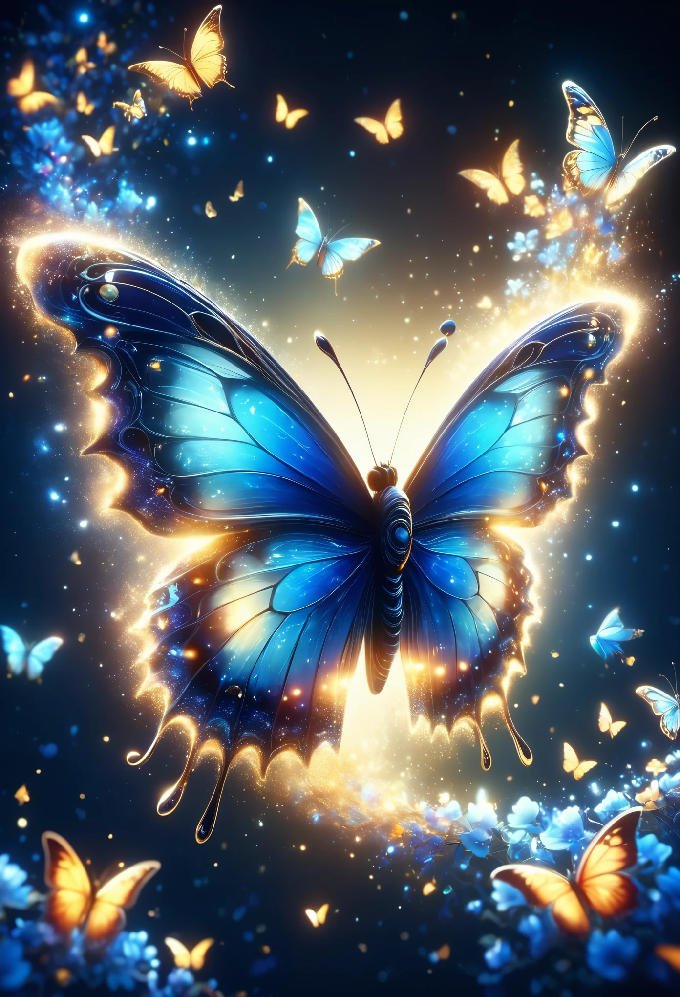 暗闇の中を羽ばたくbutterfly々Shine、As beautiful as a dream、It touches my heart..,butterfly々:blue:Illumination:Shine,Dark Background,flash,とてもflash,masterpiece,最高masterpiece,Best Composition,Beautiful sight,dream-like,優しくShinebutterfly々,gracefully,rendering,Unreal Engine,Zentralg Elements,Intricate details,gracefully描く,With great care,Particles of light:Shine鱗,butterflyの羽ばたきの軌跡がShine,Rich colors,colorful,Anatomically correct,Beautiful light and shadow,Mysterious,Fantasy,Fantasy,Digital Art