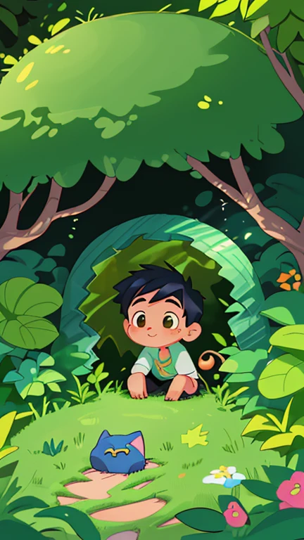 Zoom in on a cozy backyard garden where a young boy named Benny discovers a shimmering cat hiding behind lush bushes.