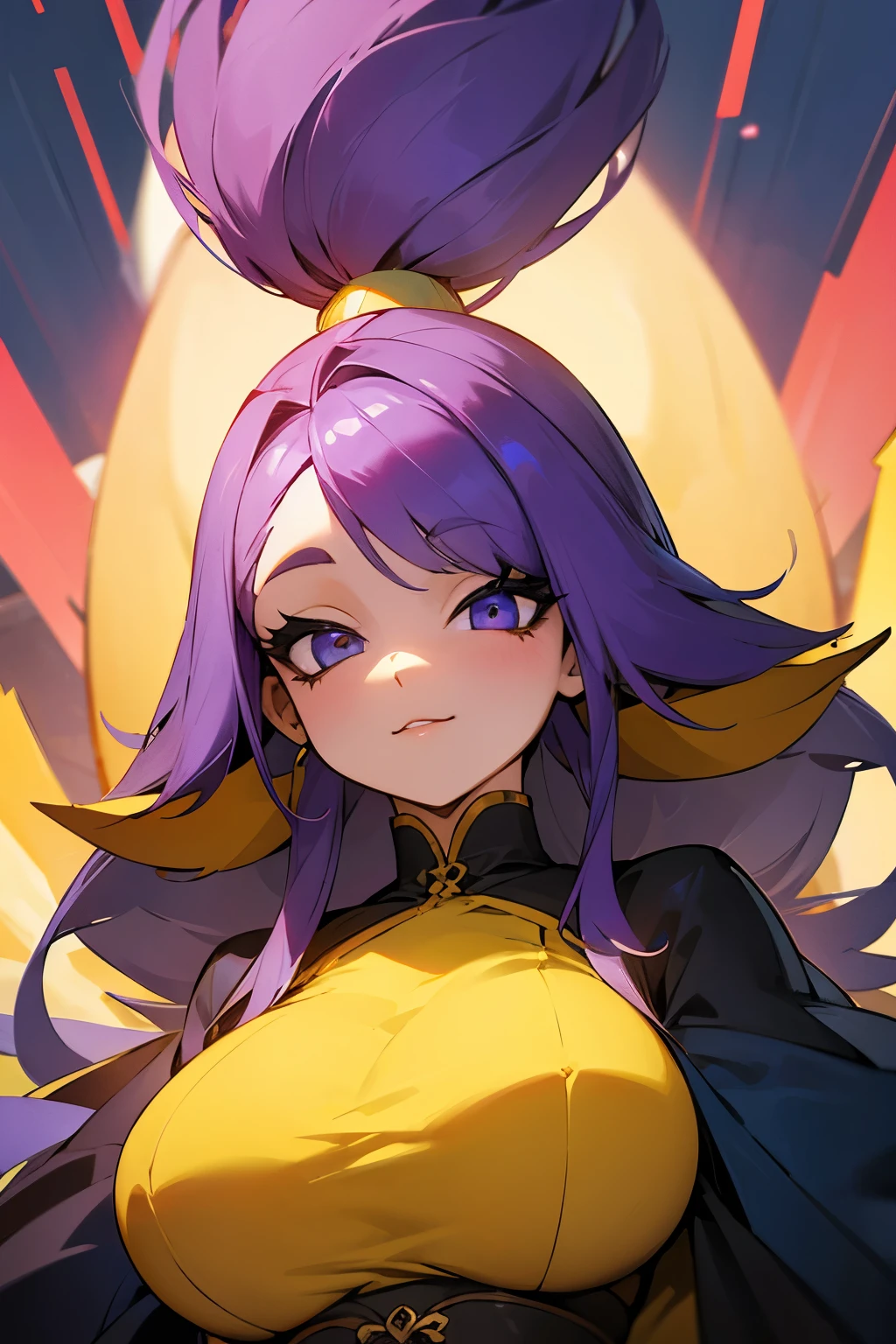 garota linda, cabelo roxo, olhos amarelos, big tits