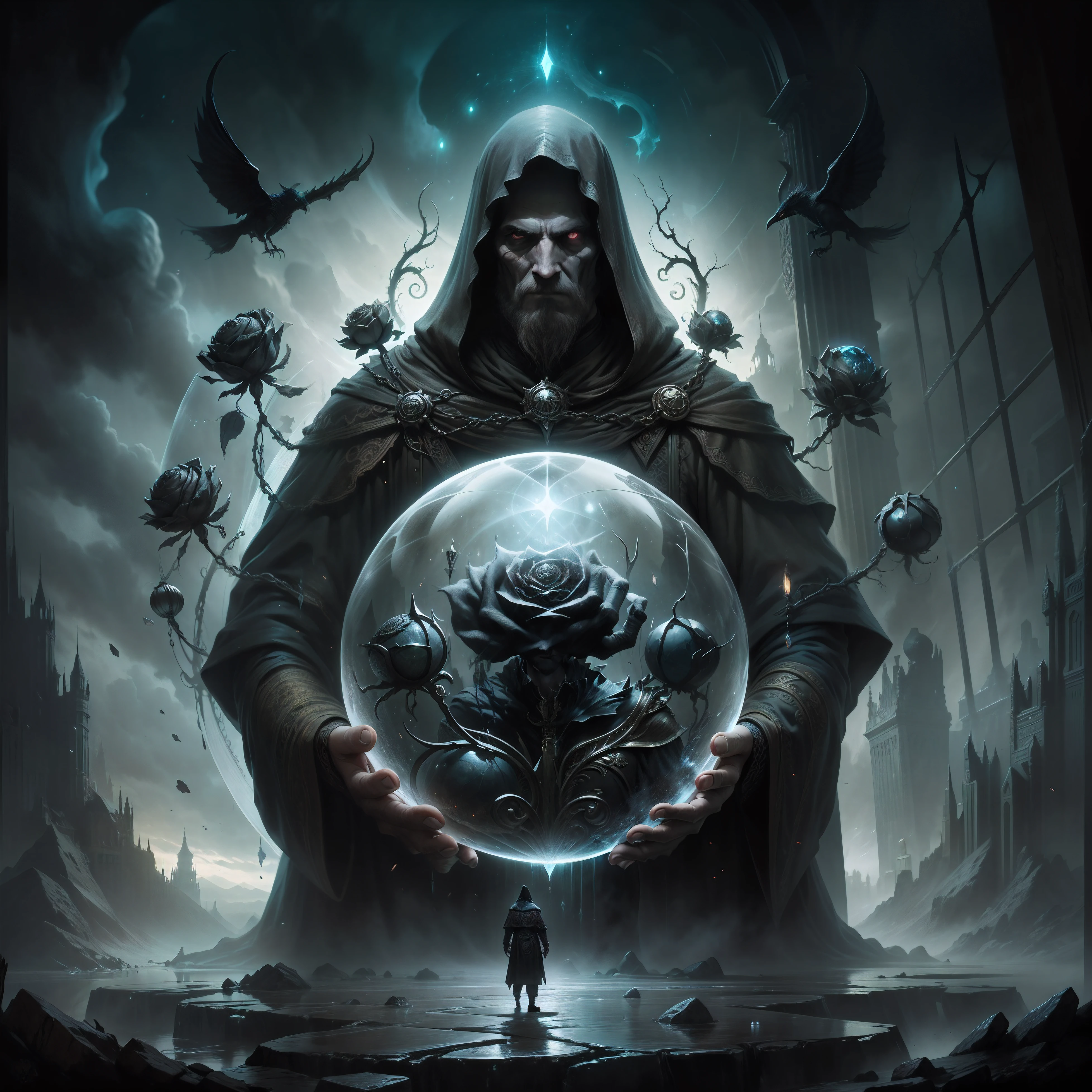 there is a man holding a crystal ball in his hands, in style of dark fantasy art, dark fantasy style art, symmetrical epic fantasy art, dan mumford tom bagshaw, portrait of the old necromancer, an ominous fantasy illustration, dark cloaked necromancer, fantasy dark art, dark fantasy illustration, fantasy rpg symmetrical portrait