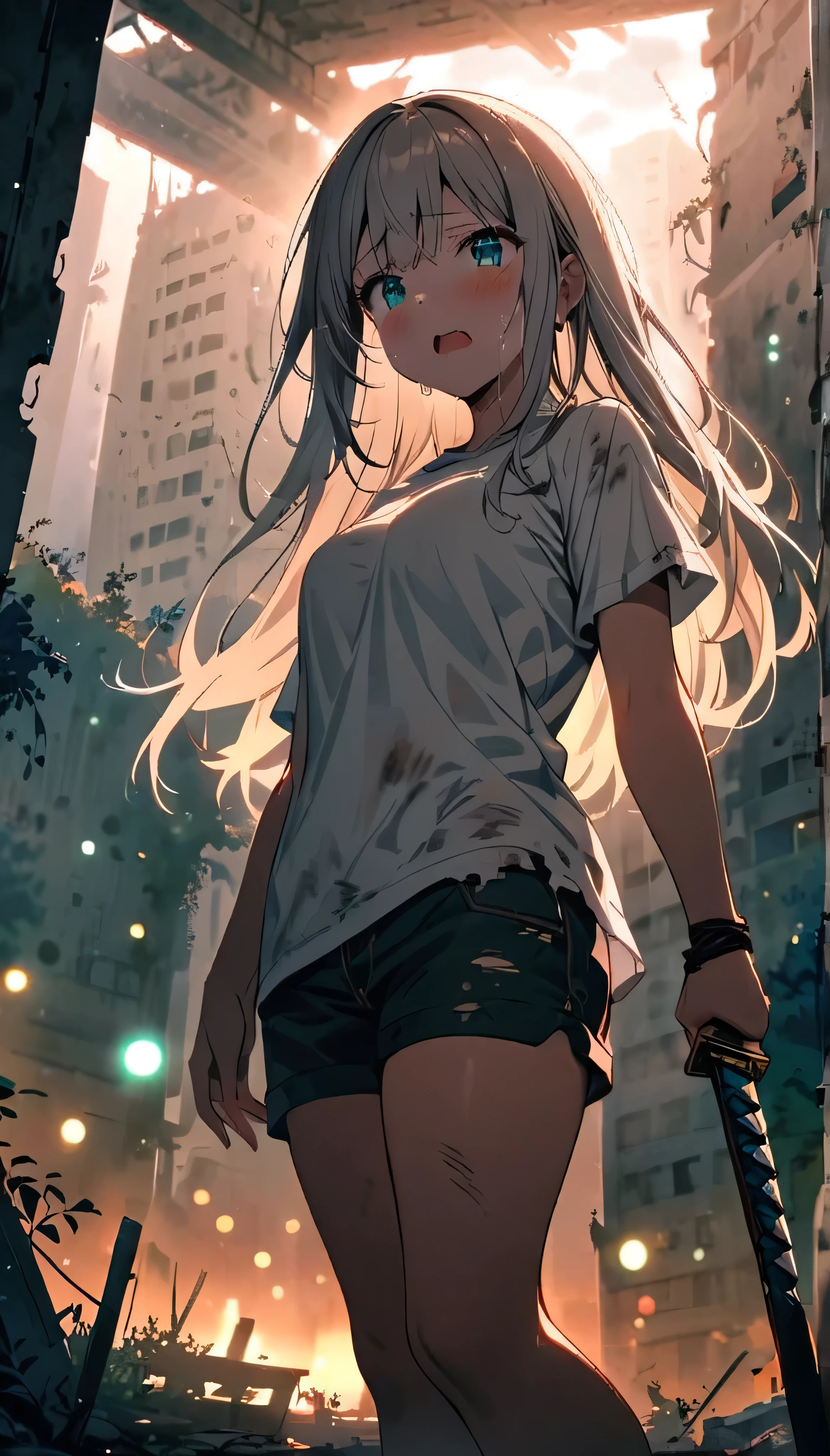 Resolution full, best quality, masterpiece, full HD, beautifull girl, foggy theme, super detailed, 1girl, cute girl, long hair, white light  hair, detailed beautiful aqua eyes, tears. Depression Cry. Open mouth. Dirty shirt. Dirty and bound face. white T - shirt oversized, holding glowing katana. from below, in ruins, overgrown. Day sky, gradient sky, sunset.  bokeh. Depth of field. Sad moment