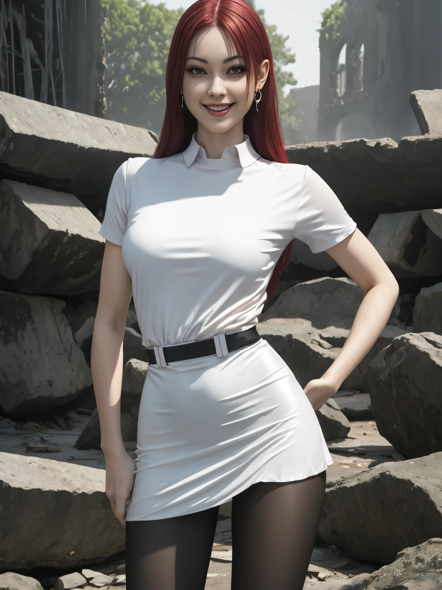 Ultra realistic, 16k, best quality, high resolution, erotic, 1 girl, 58 years old, long red hair, sexy eyes look, pale white skin, flushed cheeks, earrings, transparent shirt, sexy black latex skirt, natural breasts, slender tall hot body, sexy smile, sensual posture, full-length sexy pantyhose, Battle ruins, wide hips, thick legs, torn clothes, blurred background, depth, dream aesthetic, dream atmosphere, cinematic lighting.