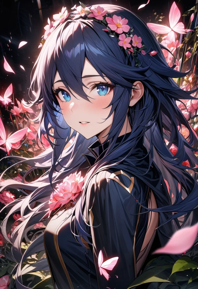 (absurdres, highres, ultra detailed, HDR) master piece, best quality, perfect face, Lucina, dark blue hair, expressive blue eyes, Fire Emblem Awakening, solo, woman, extremely beautiful, black clothes, glass pink flowers, glass pink petals, glass pink butterflies, glass garden, glass blossoms, everything made with glass
