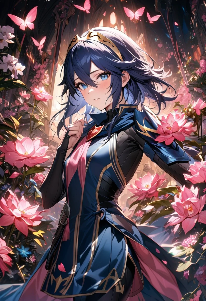 (absurdres, highres, ultra detailed, HDR) master piece, best quality, perfect face, Lucina, dark blue hair, expressive blue eyes, Fire Emblem Awakening, solo, woman, extremely beautiful, black clothes, glass pink flowers, glass pink petals, glass pink butterflies, glass garden, glass blossoms, everything made with glass