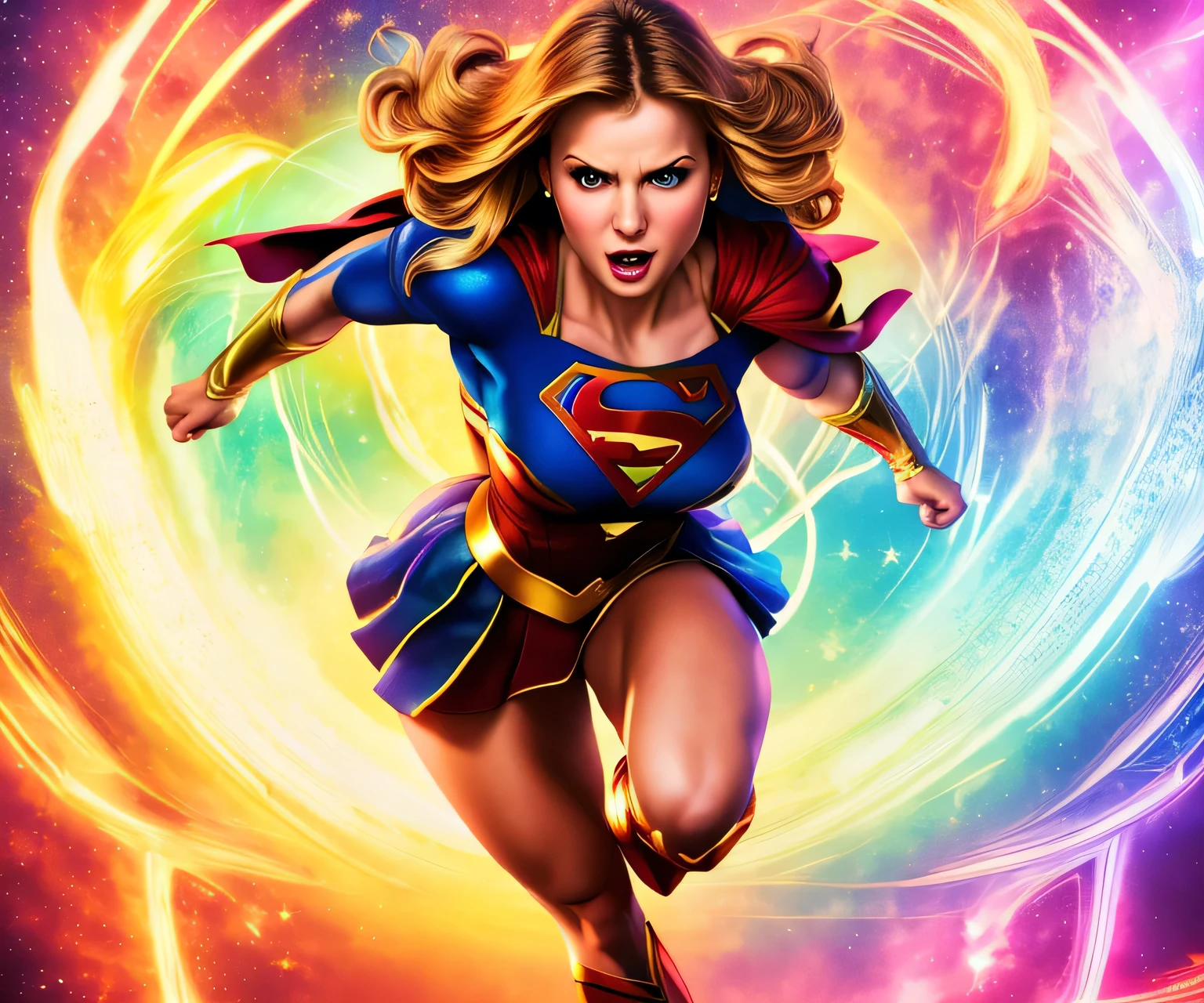 Supergirl flying through the air with a raised fist, sexy feminine figure,illustration,ultra-detailed,highres,(best quality,4k,8k,masterpiece:1.2),intense facial expression,strong and confident pose,flowing cape,golden halo,fierce eyes,superhero costume,cityscape in the background,vivid colors,sharp focus,bokeh,studio lighting