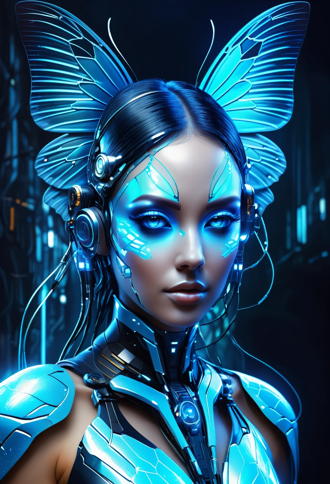 a hybrid of human and blue butterfly in cyberpunk style, beautiful face, cybernetic arms, technological implants,transformation,merging of nature and technology,organic elements,