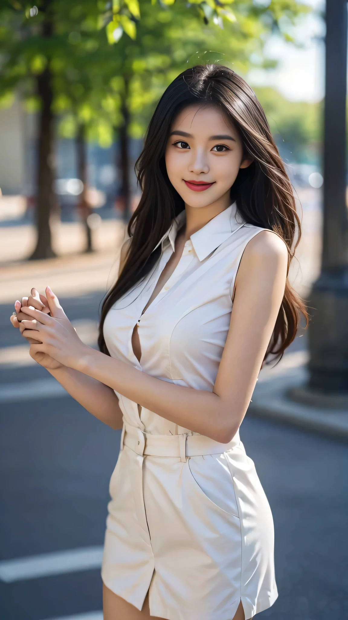 A perfect young female white-collar worker，Chinese，High picture quality，Works of masters，Black hair，Long hair flowing over the shoulders，Blured background，outside, Real Human，CG rendering，16k，depth of field, movie light, lens flare, Ray tracing, Stand up， smiles，Do not show your hands，Close-up shot